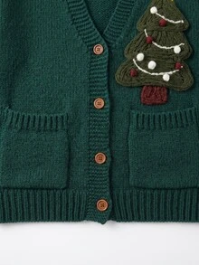 Plus Size 3D Christmas Tree Knit Cardigan Women V-Neck Button-Up Long Sleeve Dark Green With Pockets Sweater Jacket Holiday Casual Fall Wedding Family - Green - View 5
