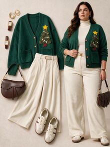 Plus Size 3D Christmas Tree Knit Cardigan Women V-Neck Button-Up Long Sleeve Dark Green With Pockets Sweater Jacket Holiday Casual Fall Wedding Family - Green - View 1