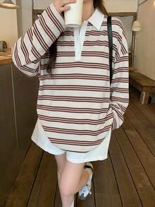DAZY 女款條紋寬鬆版型半開襟鈕扣長袖T恤，圖案印花可愛上衣，大尺寸女款秋季T恤 - 白色 - 查看 3