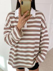 DAZY 女款條紋寬鬆版型半開襟鈕扣長袖T恤，圖案印花可愛上衣，大尺寸女款秋季T恤 - 白色 - 查看 2