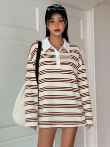 DAZY 女款條紋寬鬆版型半開襟鈕扣長袖T恤，圖案印花可愛上衣，大尺寸女款秋季T恤 - 白色 - 查看 8
