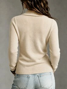 SHEIN Women Fall New Lapel Wrap VNeck Knit Sweater, Beige Slim Elegant Side Ruched Long Sleeve Top For Casual Commute Office Brunch - Apricot - View 5
