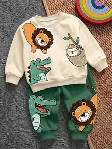 Baby Boy Round Neck Casual Comfortable Set, Printed With Classic Cute Lion And Bear Patterns, Suitable For Autumn/Winter Wear. - Multicolor - View 1