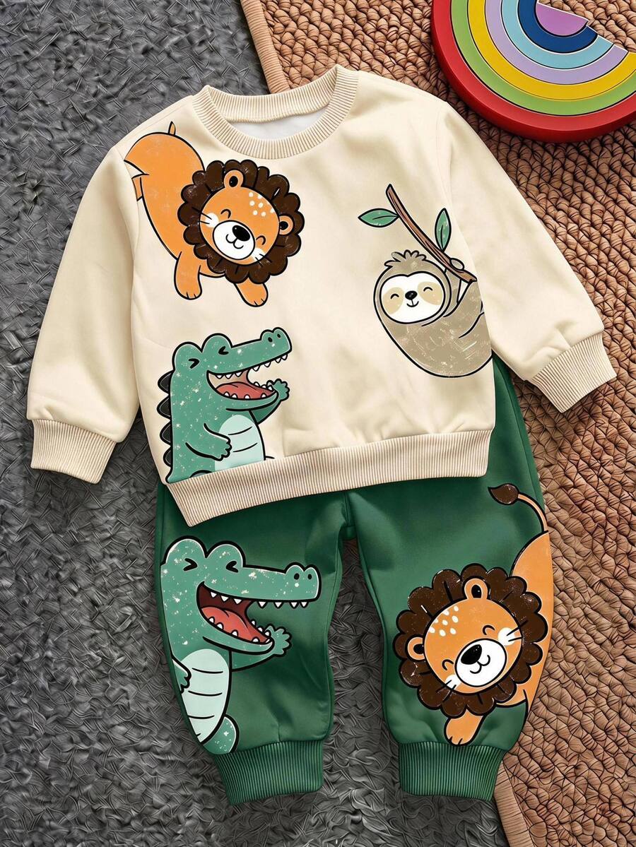Baby Boy Round Neck Casual Comfortable Set, Printed With Classic Cute Lion And Bear Patterns, Suitable For Autumn/Winter Wear. - Multicolor - View 1