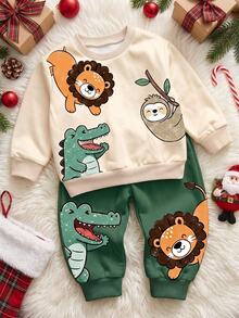 Baby Boy Round Neck Casual Comfortable Set, Printed With Classic Cute Lion And Bear Patterns, Suitable For Autumn/Winter Wear. - Multicolor - View 4