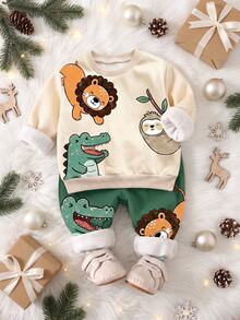 Baby Boy Round Neck Casual Comfortable Set, Printed With Classic Cute Lion And Bear Patterns, Suitable For Autumn/Winter Wear. - Multicolor - View 3