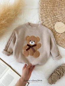 Cozy Pixies Baby Girl Cute 3D Plush Bear Pattern Daily Comfortable Pullover Long Sleeve Knit Autumn Winter Sweater, Suitable For Outings, Street Photography, Play - Khaki - View 8