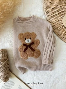 Cozy Pixies Baby Girl Cute 3D Plush Bear Pattern Daily Comfortable Pullover Long Sleeve Knit Autumn Winter Sweater, Suitable For Outings, Street Photography, Play - Khaki - View 7