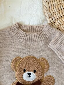 Cozy Pixies Baby Girl Cute 3D Plush Bear Pattern Daily Comfortable Pullover Long Sleeve Knit Autumn Winter Sweater, Suitable For Outings, Street Photography, Play - Khaki - View 3
