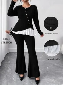 Elenzga Plus Size Minimalist Elegant Fashion Versatile Slim Fit Knit Women's Set Fall - Black and White - View 5
