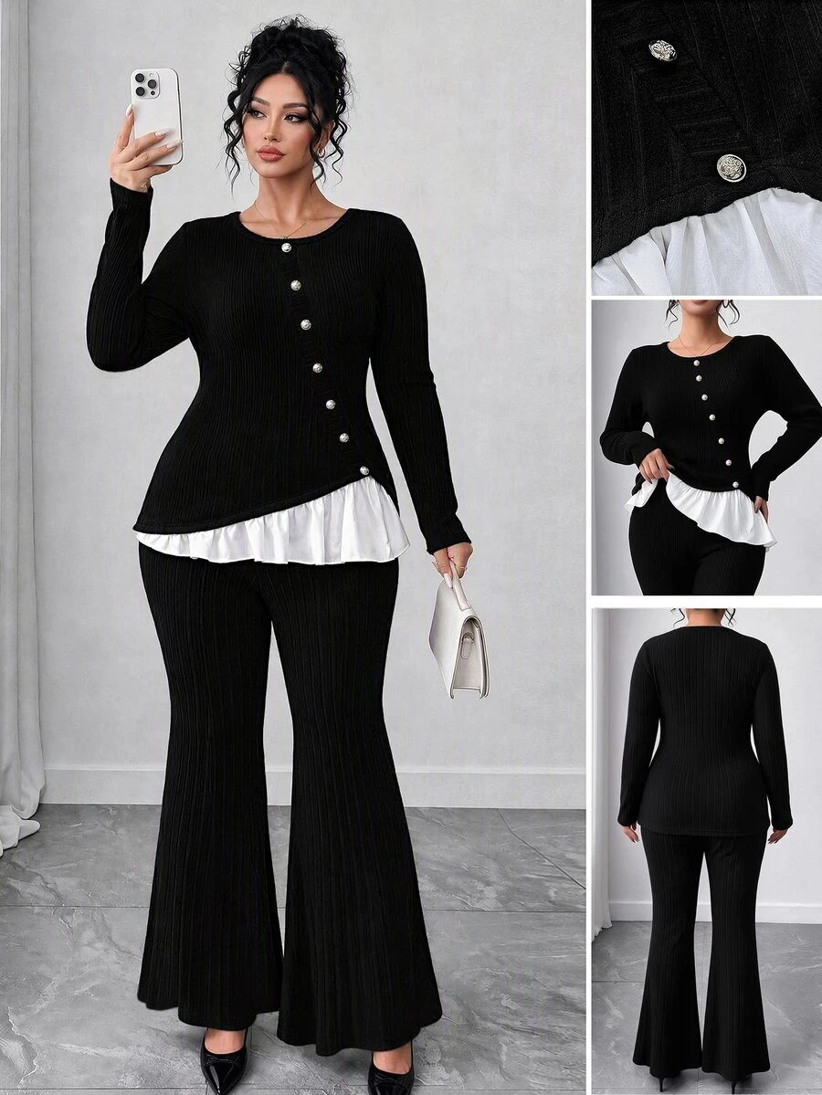 Elenzga Plus Size Minimalist Elegant Fashion Versatile Slim Fit Knit Women's Set Fall - Black and White - View 1