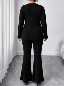 Elenzga Plus Size Minimalist Elegant Fashion Versatile Slim Fit Knit Women's Set Fall - Black and White - View 2
