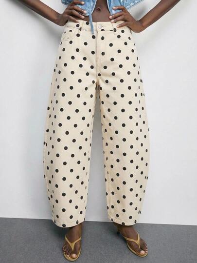 Maija Women's Polka Dot Pocket Button Casual Retro Vintage 70s Daily Travel Denim Jeans Black And White Pants Concert Outfit Country Brunch Beige Summer