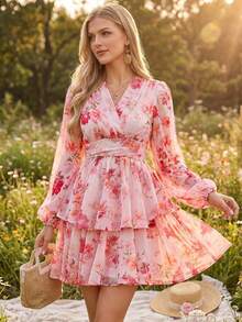 Amorya 春夏浪漫假日优雅粉色印花灯笼袖女式夏季可爱迷你连衣裙，适合度假、约会、假日、派对、毕业典礼、婚礼宾客、海滩等场合，甜美优雅，可作舞会礼服、女士夏季连衣裙、夏季服装。 - 彩色 - 查看 3