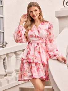 Amorya 春夏浪漫假日优雅粉色印花灯笼袖女式夏季可爱迷你连衣裙，适合度假、约会、假日、派对、毕业典礼、婚礼宾客、海滩等场合，甜美优雅，可作舞会礼服、女士夏季连衣裙、夏季服装。 - 彩色 - 查看 8