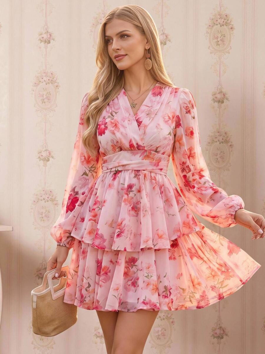 Amorya 春夏浪漫假日优雅粉色印花灯笼袖女式夏季可爱迷你连衣裙，适合度假、约会、假日、派对、毕业典礼、婚礼宾客、海滩等场合，甜美优雅，可作舞会礼服、女士夏季连衣裙、夏季服装。