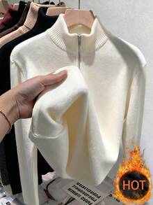 SHEIN Franclia Off-White Ribbed Semi-High Neck Front Metal Half-Zip Long Sleeve Slim Fit Gathered Hem Versatile Knit Base Layer T-Shirt Everyday Winter Casual - Apricot - View 1