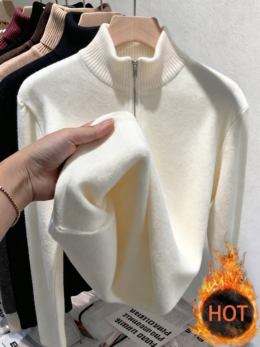 SHEIN Franclia Off-White Ribbed Semi-High Neck Front Metal Half-Zip Long Sleeve Slim Fit Gathered Hem Versatile Knit Base Layer T-Shirt Everyday Winter Casual - Apricot - View 1