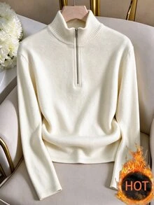SHEIN Franclia Off-White Ribbed Semi-High Neck Front Metal Half-Zip Long Sleeve Slim Fit Gathered Hem Versatile Knit Base Layer T-Shirt Everyday Winter Casual - Apricot - View 2