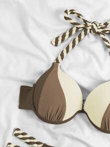 SHEIN Swim 撞色吊脖聚攏比基尼泳裝 - 棕色 - 查看 3