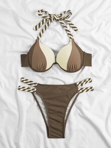 SHEIN Swim 撞色吊脖聚攏比基尼泳裝 - 棕色 - 查看 5