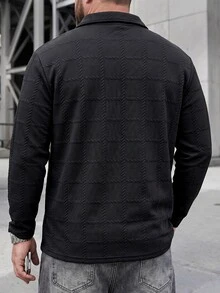 DRIVNCORE 男士加大码休闲纯色纹理 Polo 衫，适合秋季穿着，长袖上衣 - 黑色 - 查看 2