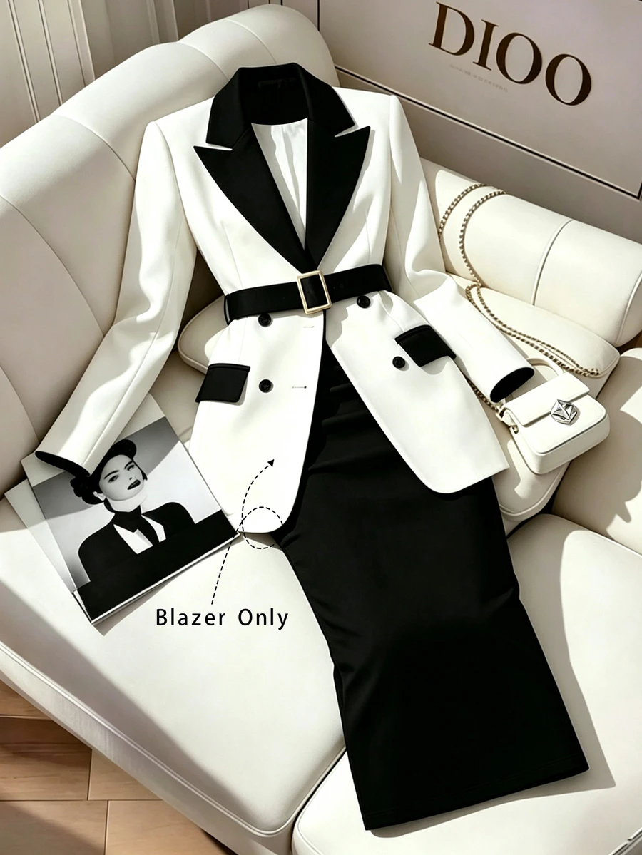 INAWLY Women's Colorblock Casual Commute Travel Long Sleeve Blazer Jacket - Black and White - View 1