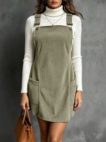 SHEIN LUNE Women Waffle Knit Pinafore Mini Dress, Adjustable Strap Overall Dress With Pockets Casual Preppy Loose Short Dress Brunch Olive Green Fall - Olive Green - View 6