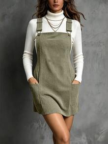 SHEIN LUNE Women Waffle Knit Pinafore Mini Dress, Adjustable Strap Overall Dress With Pockets Casual Preppy Loose Short Dress Brunch Olive Green Fall - Olive Green - View 4