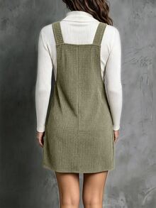 SHEIN LUNE Women Waffle Knit Pinafore Mini Dress, Adjustable Strap Overall Dress With Pockets Casual Preppy Loose Short Dress Brunch Olive Green Fall - Olive Green - View 2