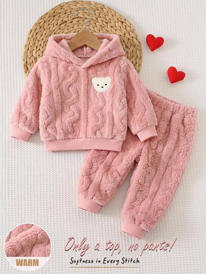 Cozy Pixies Baby Girl Baby Girl Casual Daily Comfortable Cartoon Bear Pattern Patch Hooded Fleece Pullover Long Sleeve Sweatshirt, Street Vintage Style, Relaxed And Comfortable, Children Autumn/Winter Layering, Sports Sweatshirt, Casual Outing Sweatshirt