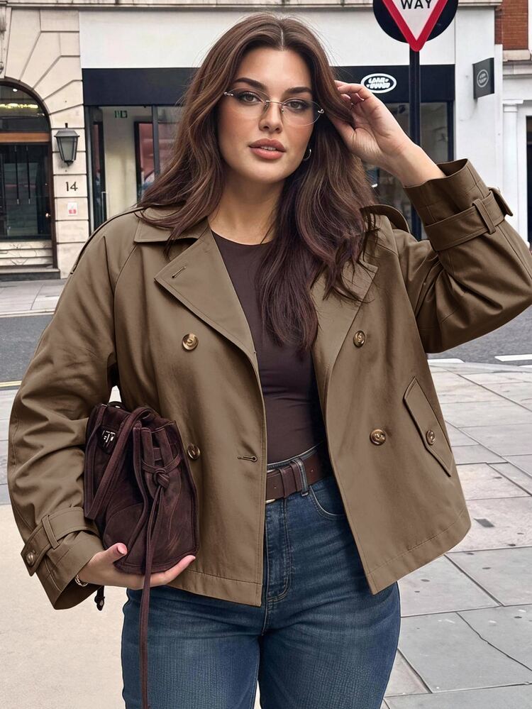 Solavibe Plus Size Women Solid Color Double-Breasted Casual Elegant Commuter Trench Coat Office Airport Brown Fall - Brown - View 4