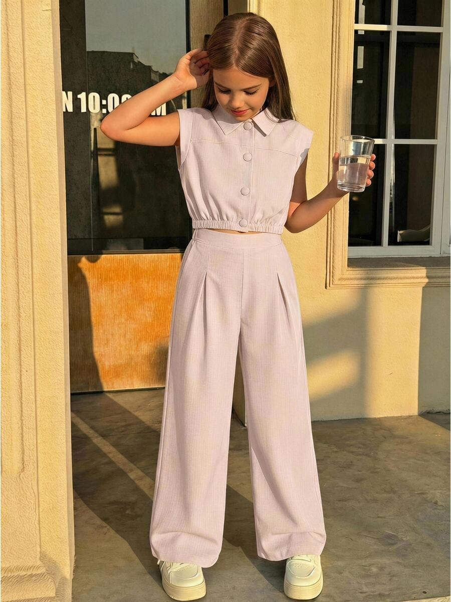 Firerie Kids Firerie Kids Nova Glow 2pcs/Set Tween Girl Casual Collared Pocket Shirt And Straight Leg Pants, Dusty Pink Summer Vacation Commuter Graduation Outfit Tween Girl Clothes - Apricot - View 1