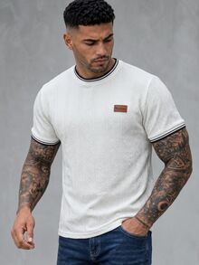 EGENSIO Light Luxury Textured Embossed Jacquard Top, Contrast Trim Round Neck Men's Casual Short Sleeve T-Shirt - White - View 3