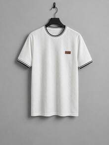 EGENSIO Light Luxury Textured Embossed Jacquard Top, Contrast Trim Round Neck Men's Casual Short Sleeve T-Shirt - White - View 5