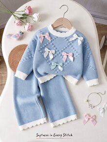 Cozy Pixies Baby Girls Sweater Co-Ords Blue Knit Round Neck Sweater Blue 3D Bow Contrast Color Wide Leg Autumn Pants 2 Pieces Set - Blue - View 1