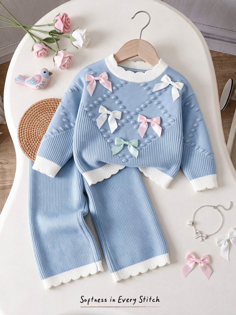 Cozy Pixies Baby Girls Sweater Co-Ords Blue Knit Round Neck Sweater Blue 3D Bow Contrast Color Wide Leg Autumn Pants 2 Pieces Set - Blue - View 1
