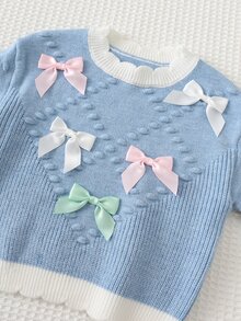 Cozy Pixies Baby Girls Sweater Co-Ords Blue Knit Round Neck Sweater Blue 3D Bow Contrast Color Wide Leg Autumn Pants 2 Pieces Set - Blue - View 7