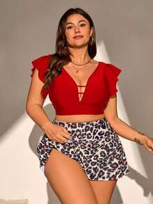 SHEIN Swim Curve Plus Size Women's Random Leopard Print Slimming Tankini Swimwear - Burgundy - View 3
