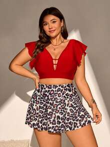 SHEIN Swim Curve Plus Size Women's Random Leopard Print Slimming Tankini Swimwear - Burgundy - View 5