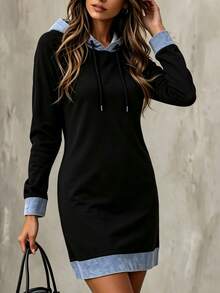 SHEIN Pure Black Contrast Blue Knit Patchwork Hooded Sweatshirt With Metal Cord End Drawstring, Raglan Long Sleeve, Loose Mid-Length Fit, Casual Sweatshirt For Layering Or Wearing Alone, Flattering For All Body Types - Multicolor - View 7
