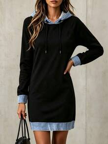 SHEIN Pure Black Contrast Blue Knit Patchwork Hooded Sweatshirt With Metal Cord End Drawstring, Raglan Long Sleeve, Loose Mid-Length Fit, Casual Sweatshirt For Layering Or Wearing Alone, Flattering For All Body Types - Multicolor - View 5