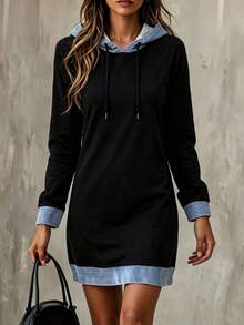 SHEIN Pure Black Contrast Blue Knit Patchwork Hooded Sweatshirt With Metal Cord End Drawstring, Raglan Long Sleeve, Loose Mid-Length Fit, Casual Sweatshirt For Layering Or Wearing Alone, Flattering For All Body Types - Multicolor - View 3