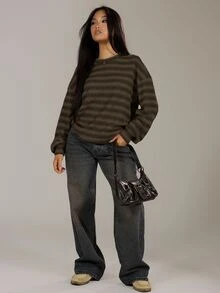 MUSERA Oversized Crew Neck Striped Jumper Spring Casual Y2k 90's Stripe Oversized Winter Work Office Chic Sweater Vacation Fall Autumn Winter Christmas - Brown - View 4