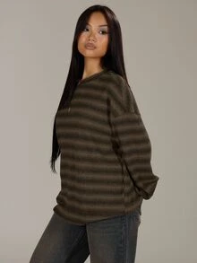 MUSERA Oversized Crew Neck Striped Jumper Spring Casual Y2k 90's Stripe Oversized Winter Work Office Chic Sweater Vacation Fall Autumn Winter Christmas - Brown - View 2