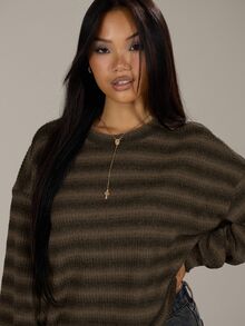 MUSERA Oversized Crew Neck Striped Jumper Spring Casual Y2k 90's Stripe Oversized Winter Work Office Chic Sweater Vacation Fall Autumn Winter Christmas - Brown - View 5