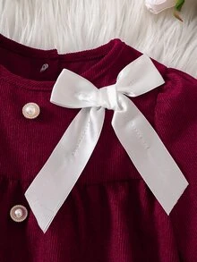 SHEIN 女童秋季酒紅色洋裝，白色緞帶蝴蝶結、珍珠鈕扣、紅色燈芯絨面料、圓領、大裙擺，仙女公主生日禮物聖誕禮物 - 酒紅色 - 查看 4
