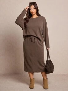 Chikora Plus Size Solid Color Long Sleeve Top And Skirt Casual 2 Pieces Set Fall - Brown - View 8