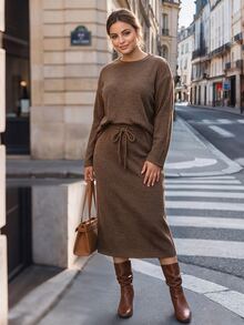 Chikora Plus Size Solid Color Long Sleeve Top And Skirt Casual 2 Pieces Set Fall - Brown - View 5