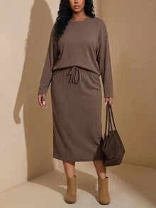 Chikora Plus Size Solid Color Long Sleeve Top And Skirt Casual 2 Pieces Set Fall - Brown - View 1